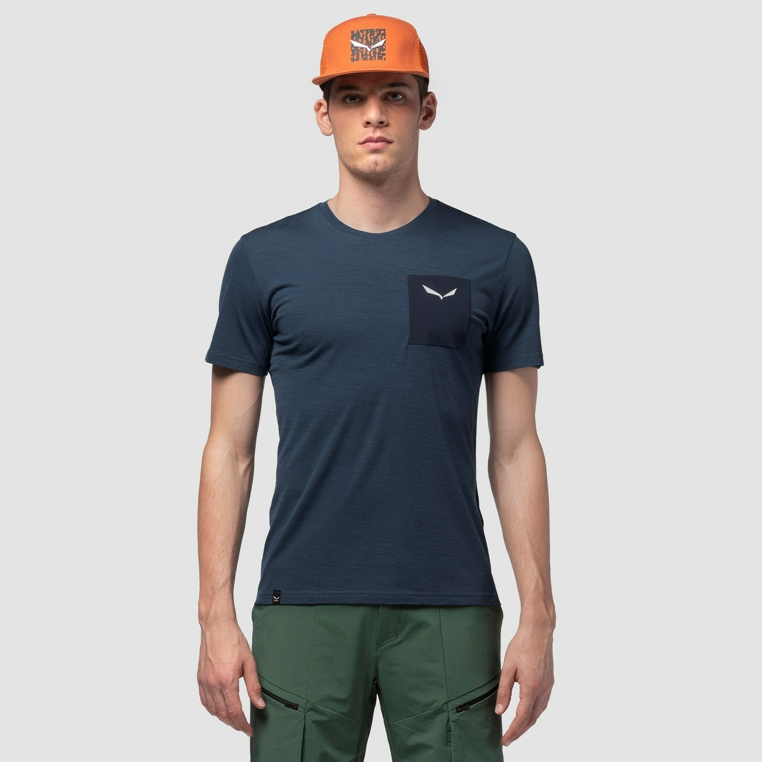 Férfi Salewa Pure Logo Pocket Merino T-Shirt Rövid Ujjú Ing Sötétkék | 7190-LISKQ