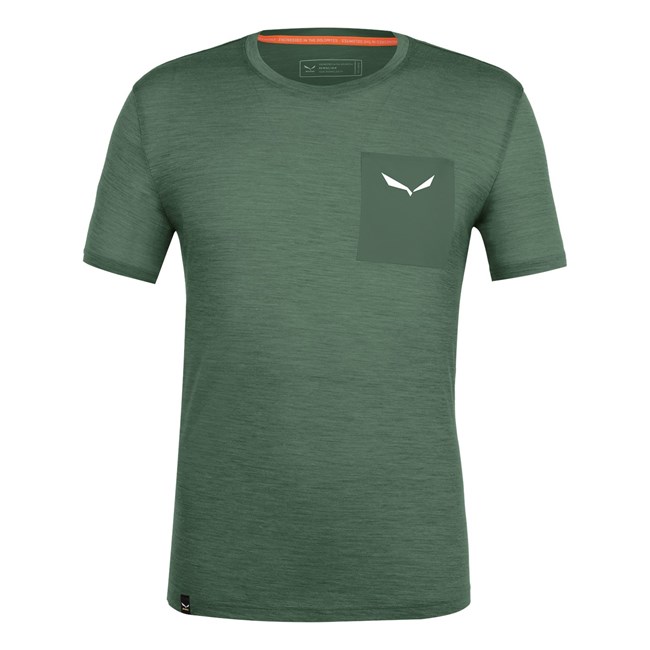 Férfi Salewa Pure Logo Pocket Merino T-Shirt Rövid Ujjú Ing Zöld | 2537-FLJND