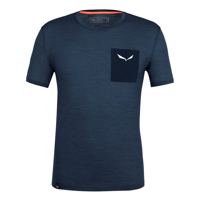 Férfi Salewa Pure Logo Pocket Merino T-Shirt Rövid Ujjú Ing Sötétkék | 7190-LISKQ